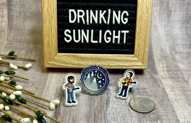 Miniature Acrylic Full Color Pins Banjo Scott Bag Pins |Jacket Seth Mountains /& Moon Guitar 1.25 inches Singles or Set