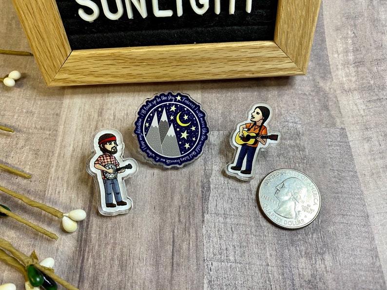 Miniature Acrylic Full Color Pins Banjo Scott Bag Pins |Jacket Seth Mountains /& Moon Guitar 1.25 inches Singles or Set