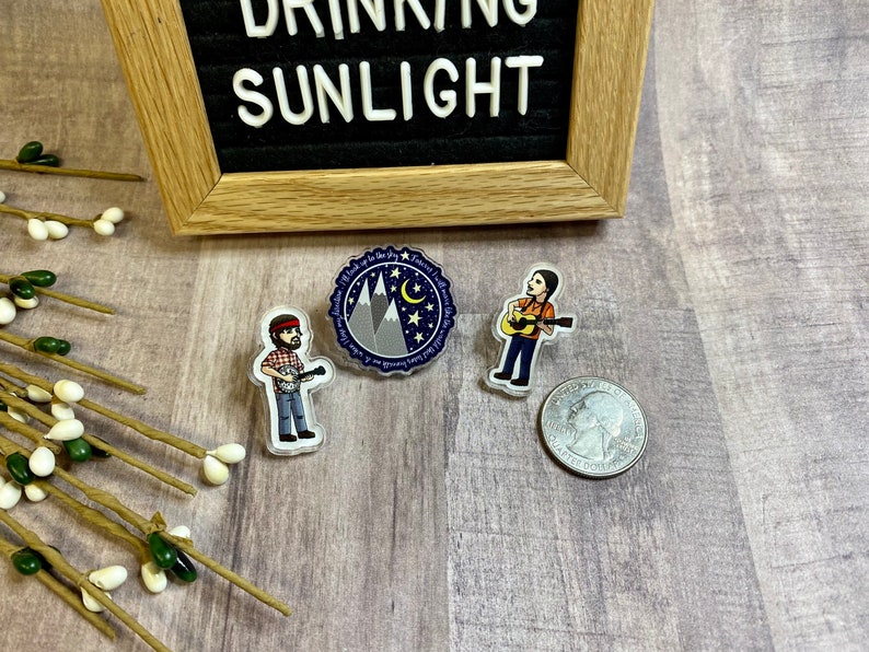 Miniature Acrylic Full Color Pins Banjo Scott Bag Pins |Jacket Seth Mountains /& Moon Guitar 1.25 inches Singles or Set