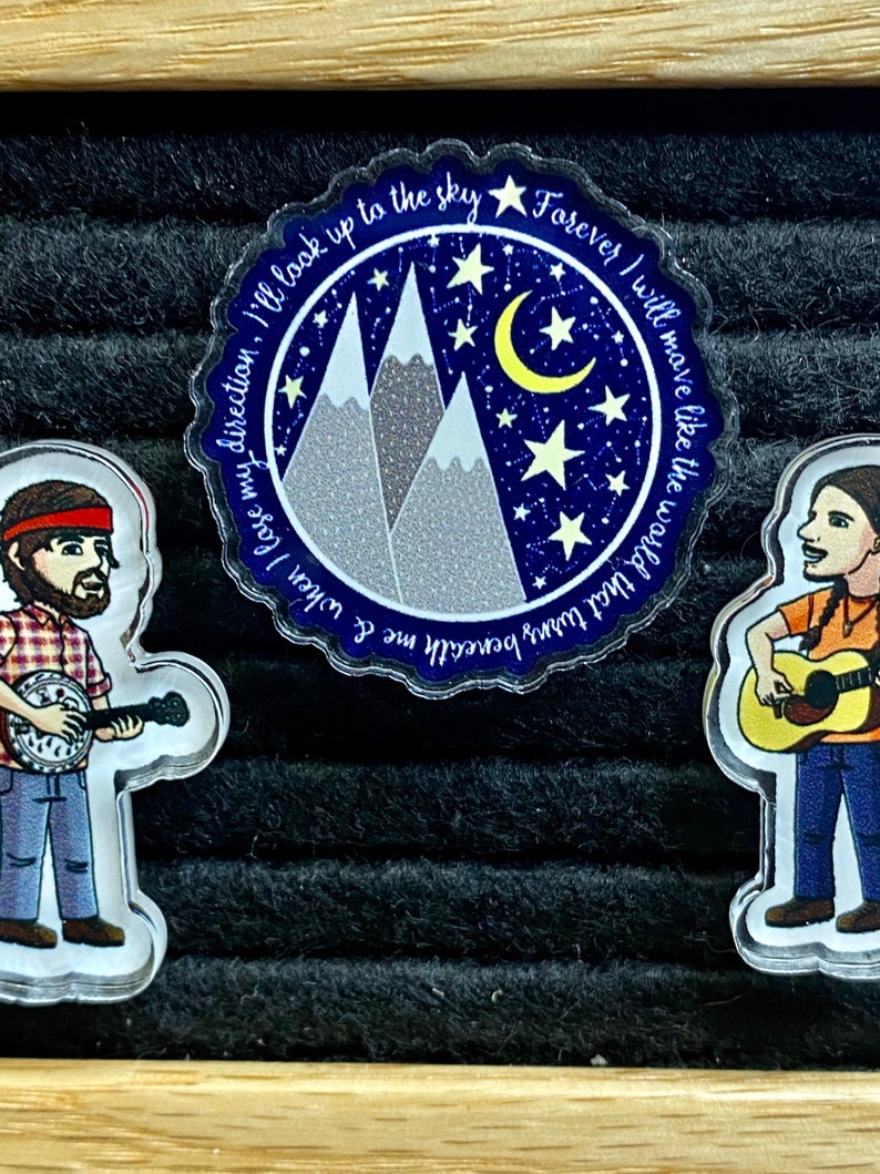Miniature Acrylic Full Color Pins Banjo Scott Bag Pins |Jacket Seth Mountains /& Moon Guitar 1.25 inches Singles or Set