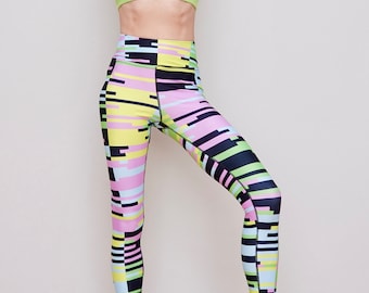 AOP Leggings Retro Geometric in Acid Green and Pink, patchwork, collage print