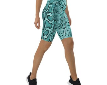 Snake Print Biker Shorts - Green Python, Activewear, High waist shorts, Patterned shorts, Gym shorts, Long bike shorts