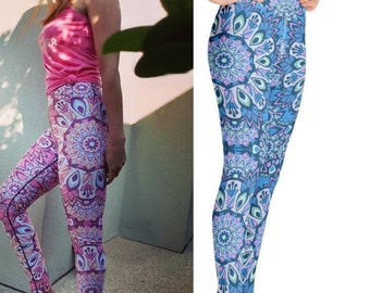 Yoga pants Mandala Boho in Green, Blue, Pink and Red, high waist leggings, printed, Patterned Yoga leggings