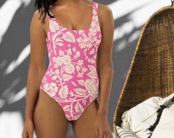 One Piece Swimsuit Pink Floral Antique, Neon Pink, Hot Pink, Retro pattern