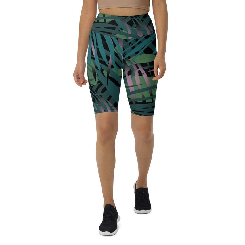 Biker Shorts Palms, printed bike shorts high waisted Forrest green tropical pattern image 2