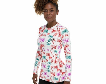 Women's Floral Rash Guard White long sleeves, Rashguard woman