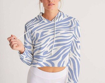 Women's Hoodie Zebra Cropped in White and Blue, printed aop animal print