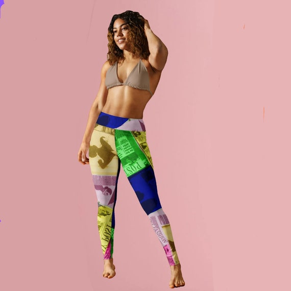 Printed Leggings Pop Art Neon, High Waist Yoga Pants Collage Pattern 