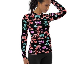 Women's Floral Rash Guard Black with long sleeves, Rashguard woman