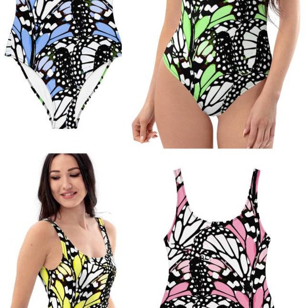 Orange And Blue Butterfly Print One Piece Swimsuite