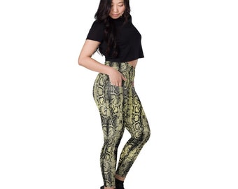 Snake Yoga Pants with pockets - Black and Gold, Yoga Pants, Activewear, Printed Leggings regular and crossover waist with side pockets