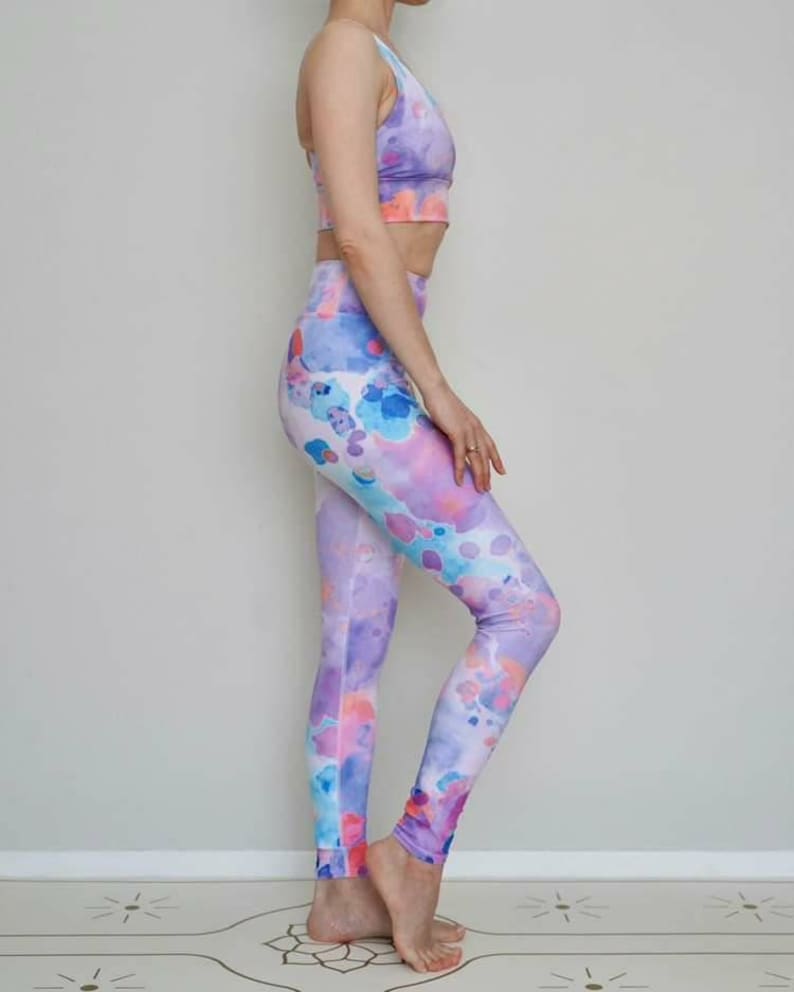 Watercolor Leggings Purple Pastel, Abstract leggings, Tie dye yoga pants, Colorful leggings, High waist leggings, Fitness leggings patterned immagine 2