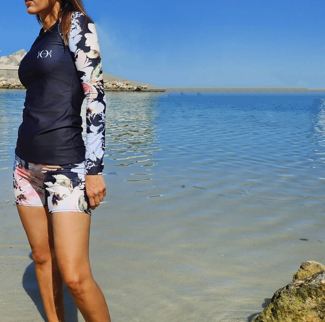 Women's Long Sleeve Rash Guard With Matching Shorts Midnight Floral