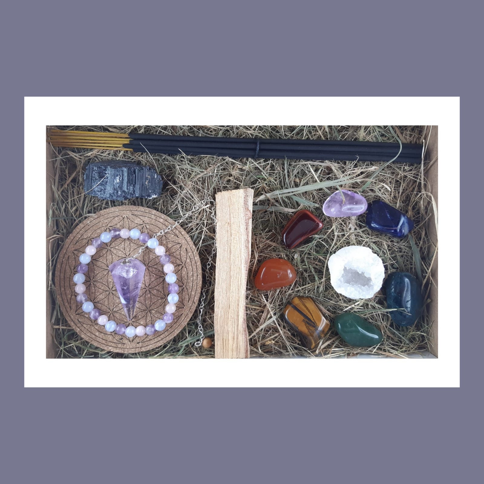 Coffret Bien-Être - Lithothérapie 7 Chakras Encens Dynamiseur Bracelet Pendule Palo Santo Tourmaline