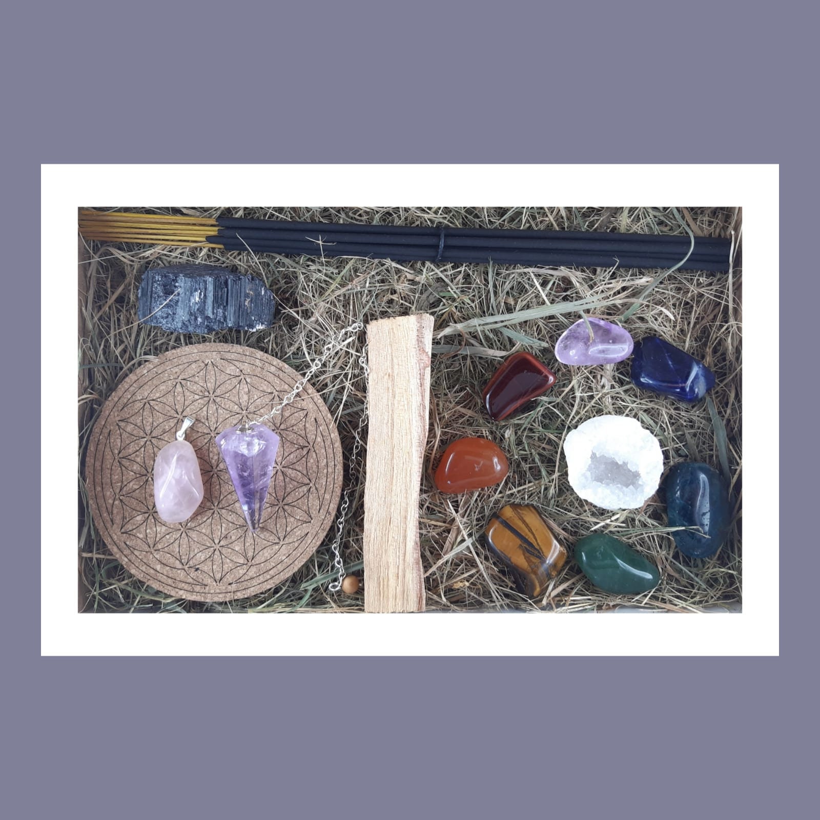 Coffret Bien-Être - Lithothérapie 7 Chakras Encens Dynamiseur Pendentif Pendule Tourmaline Quartz Pa