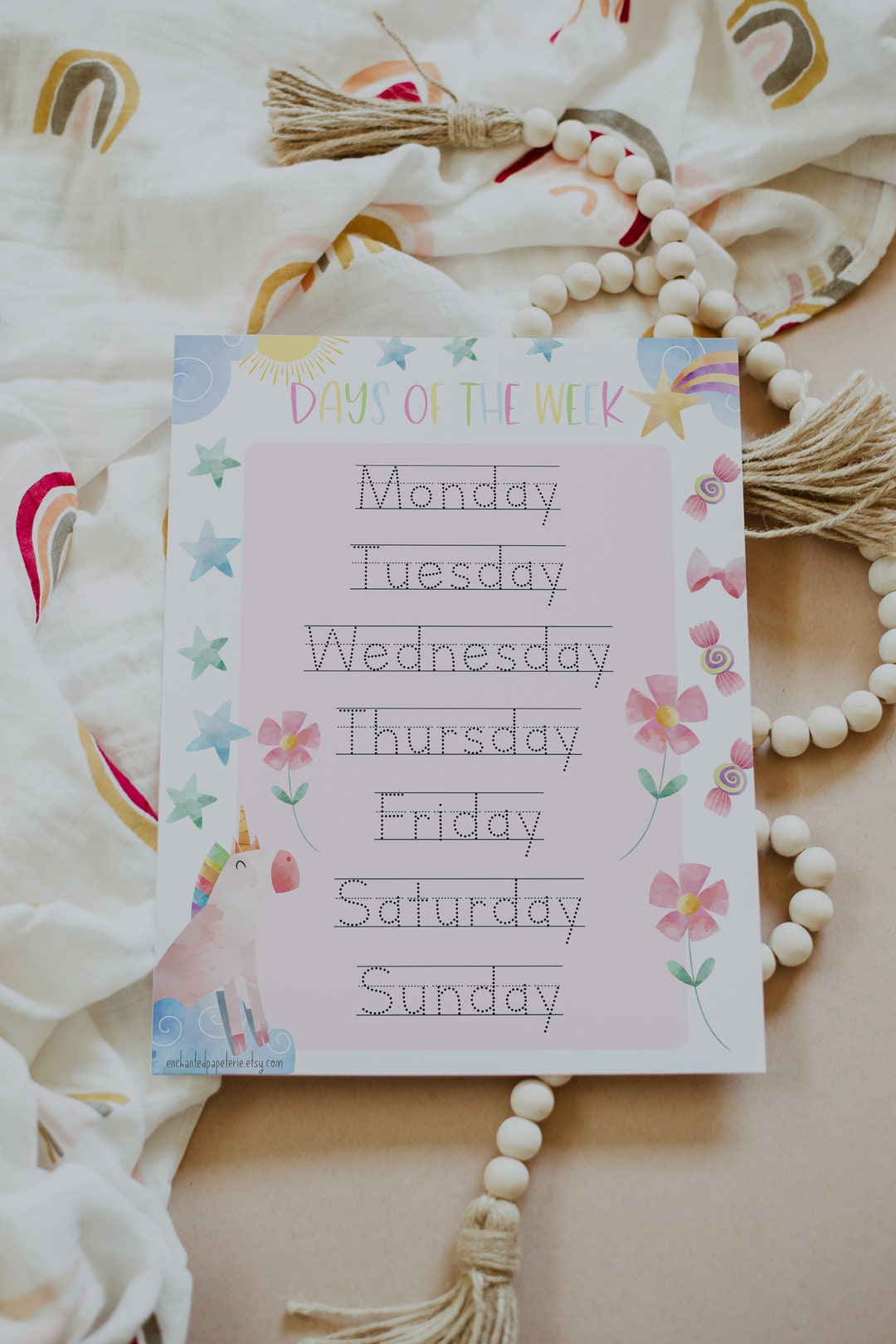 Days of the Week Tracing Sheets, Preschool Unicorn Tracing Worksheets ...