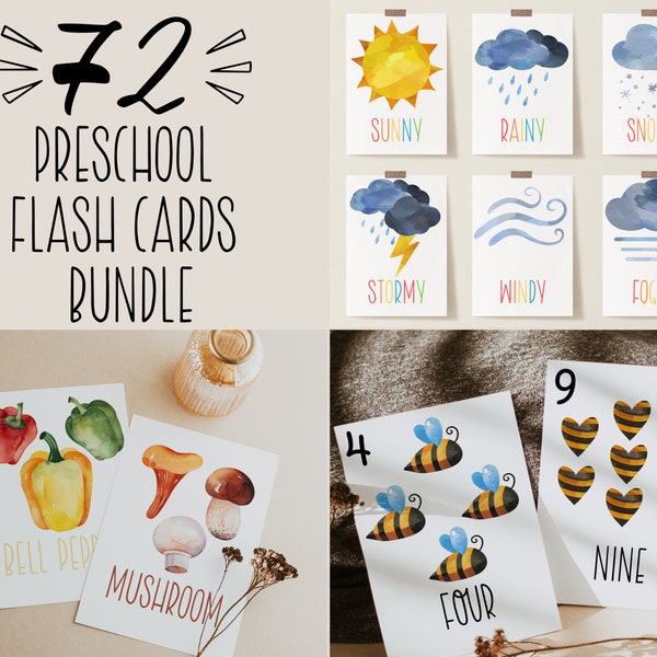 72 Preschool Flash Cards Bundle, Weather Cards, Number Cards, Space Flash Cards. Vegetables Flashcards, Preschool Activities, Homeschool 5x7