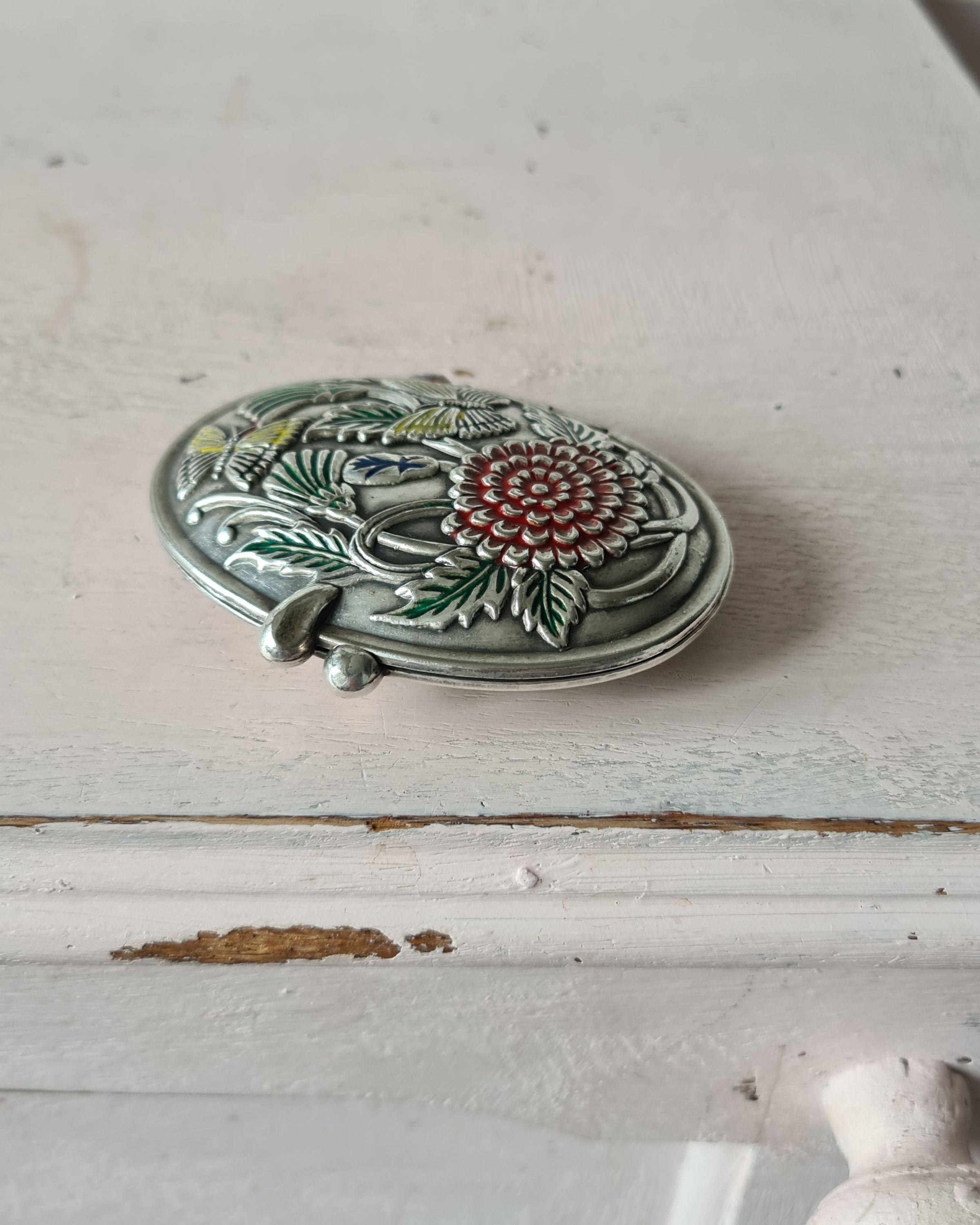 Stunning vintage pewter oval compact mirror / Butterfly and Etsy