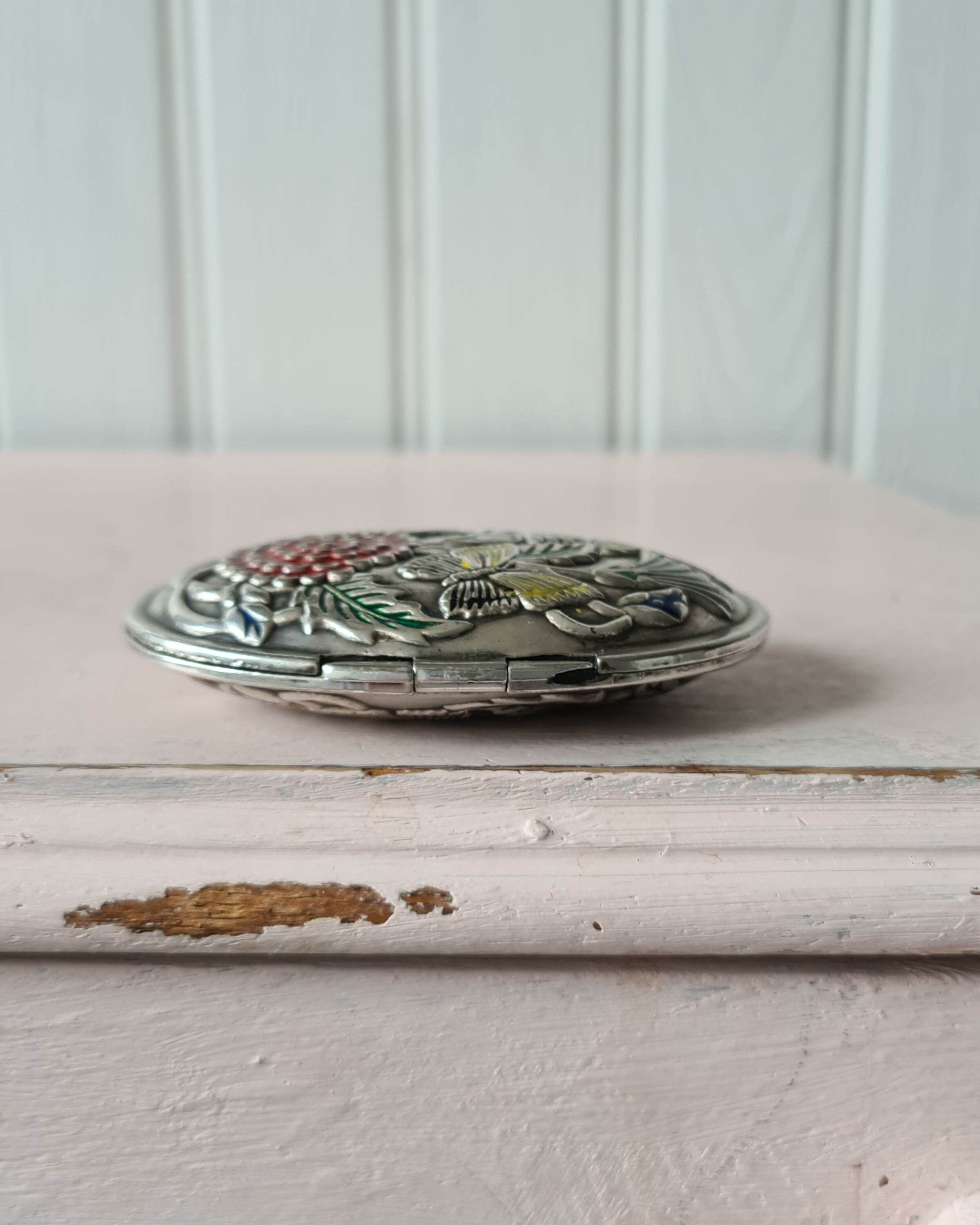 Stunning vintage pewter oval compact mirror / Butterfly and Etsy