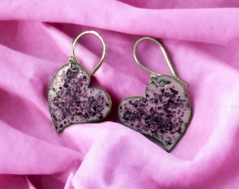 Summer Berry hearts - Pink and purple vitreous enamel heart earrings hung from sterling silver ear wires, all handmade.