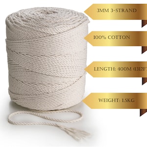 Macrame cord 3mm 3 strand (3-ply) 100 % cotton crafting rope 135m  or  400m weaving yarn