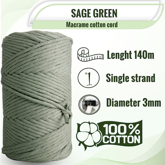 SAGE GREEN Macrame Cord 3mm Cotton Rope 135m Cotton String 3-ply Twisted  Spools Craft Yarn, Macrame Supplies, 100% Cotton Macrame Cord 
