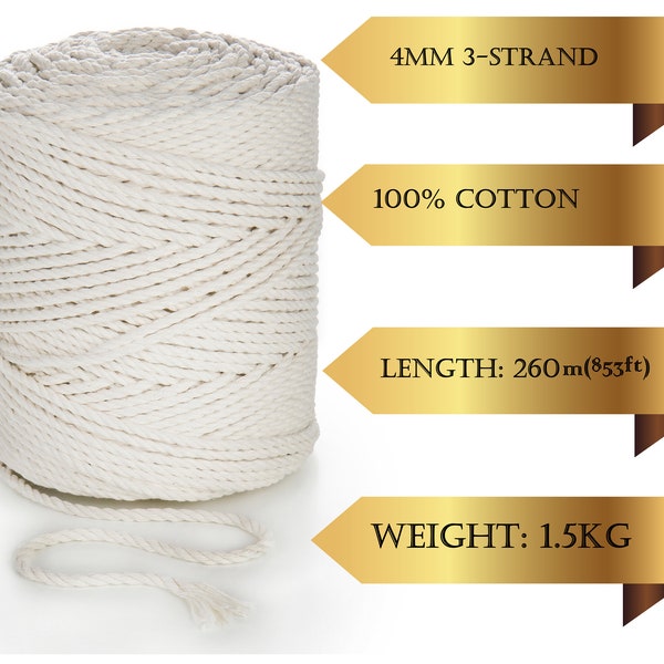 Natural 4mm macrame cord rope 100% cotton 175m or 260m 3 strand twisted  rope  yarn Craft Macrame Artisan String crochet cotton