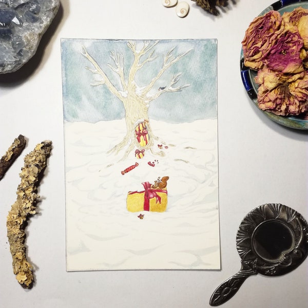 Le Noël des animaux illustration originale à l'aquarelle