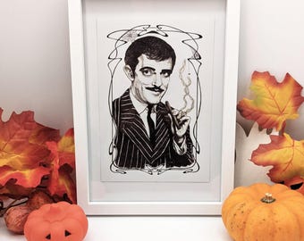 Gomez Addams Portrait Print - Whimsical Art by Lucy Dreams