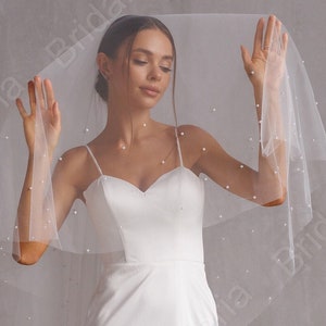 Two layers pearl veil with blusher Chapel bridal veil with pearl border beaded Modern Fingertip Veil Ivory Wedding double Tier long veil