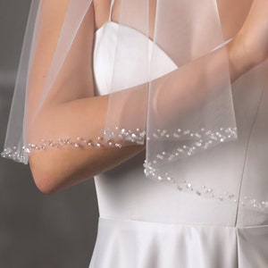 Two layers  veil with blusher Chapel bridal veil with beads border beaded Modern Fingertip Veil Ivory Wedding double Tier long veil