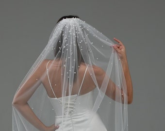 Cascading Pearl Veil, scattered pearls concentrated at the top of veil, Elegant ombre cathedral bridal veil, cascade fingertips pearl veil