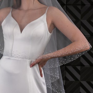 Two layers  veil with blusher Chapel bridal veil with pearl border beaded Modern Fingertip Veil Ivory Wedding double Tier long veil