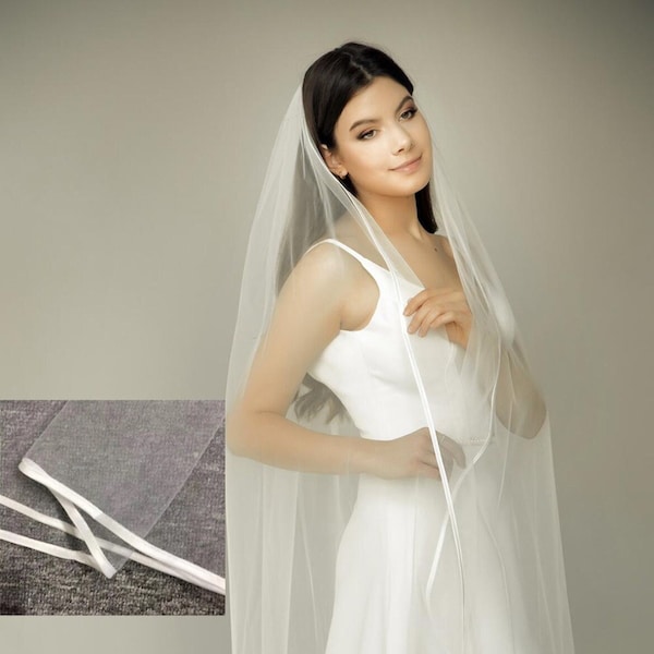 Soft Satin Ribbon Edge Wedding Veil,Simple Wedding Veil,Cascading Veil with Satin Cord Trim,Fingertip Length Veil, oneTier cathedral  Veil