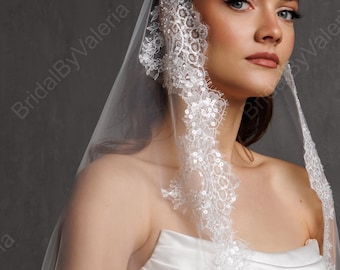 Beaded Sequins Lace Mantilla Wedding Veil: Cathedral Spanish Lace Trim