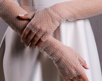 Polka Dot Tulle Fingerless Bridal Gloves: Pearl Wedding Sleeves