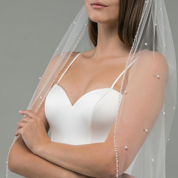 Voile de mariée perle de cristal avec bordure perlée Voile de mariée du bout des doigts Voile de mariage blanc ivoire Voile à pneu simple Voile simple Voile à une couche