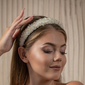 Pearl bridal headband, wide wedding hair piece, ivory white blush headpiece, crystal bridal shower hair piece, Wedding pearls headband image 1