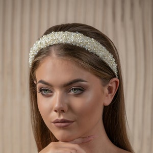 Pearl bridal headband, wide wedding hair piece, ivory white blush headpiece, crystal bridal shower hair piece, Wedding pearls headband image 2