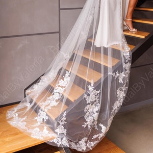 Floral lace with sequins Floor length glittery wedding veil  Lace trim bridal veil Sparkle Cathedral Veil Ivory Wedding Veil