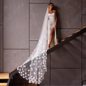 3D Floral Veil, Long Flowered Wedding veil, cathedral off-white bridal veil with 3D effect flowers, width long veil