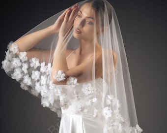 3D Floral Wedding Veil: Blusher Drop Cathedral Veil