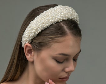 Wide Pearl bridal headband, wide wedding hair piece, ivory white headpiece, crystal bridal shower hair piece, Wedding pearls headband