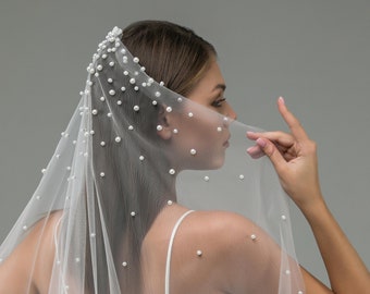 Cascading Pearl Veil with, scattered pearls concentrated at the top of veil, Elegant cathedral bridal veil, cascade fingertips pearl veil