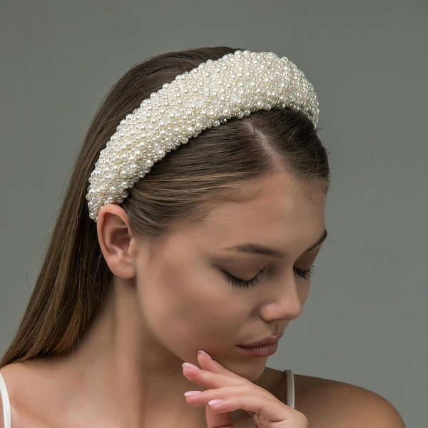 Diadema nupcial de perla ancha, peinado de boda ancho, tocado blanco marfil, peinado de ducha nupcial de cristal, diadema de perlas de boda