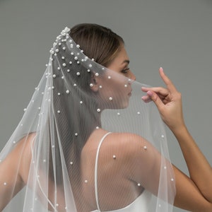Cascading Pearl Veil with, scattered pearls concentrated at the top of veil, Elegant cathedral bridal veil, cascade fingertips pearl veil image 1