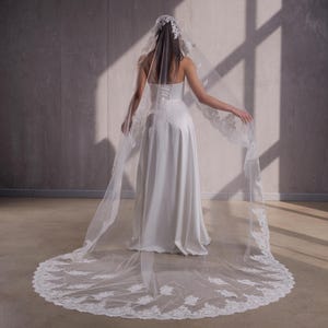 Beaded sequins lace Mantilla Wedding veil Cathedral Spanish Lace trim bridal one layered One tiers Veil Catholic Wedding Long bridal veil