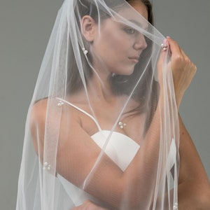 One Blushing Bride Pearl Cathedral Length Wedding Veil with Scattered Beading White / 1 Layer Veil