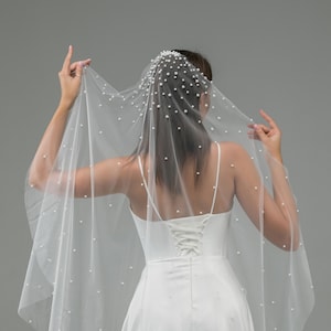 Cascading Pearl Veil with, scattered pearls concentrated at the top of veil, Elegant cathedral bridal veil, cascade fingertips pearl veil image 2