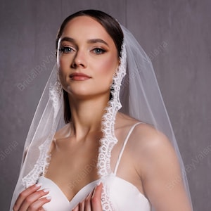 Delicate Lace Trim Cathedral Wedding Veil - Single Tier, Long Catholic Light Ivory Bridal Vail
